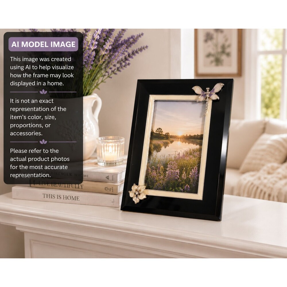 Dragonfly Flower 4x6 Photo Frame Black Enamel Ivory Accent Decorative Frame